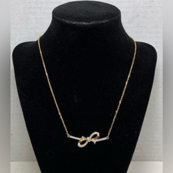 Swarovski Gold-Tone Crystal Bow Pendant Necklace Elegant Ribbon Design Jewelry ✨ - Picture 1 of 4